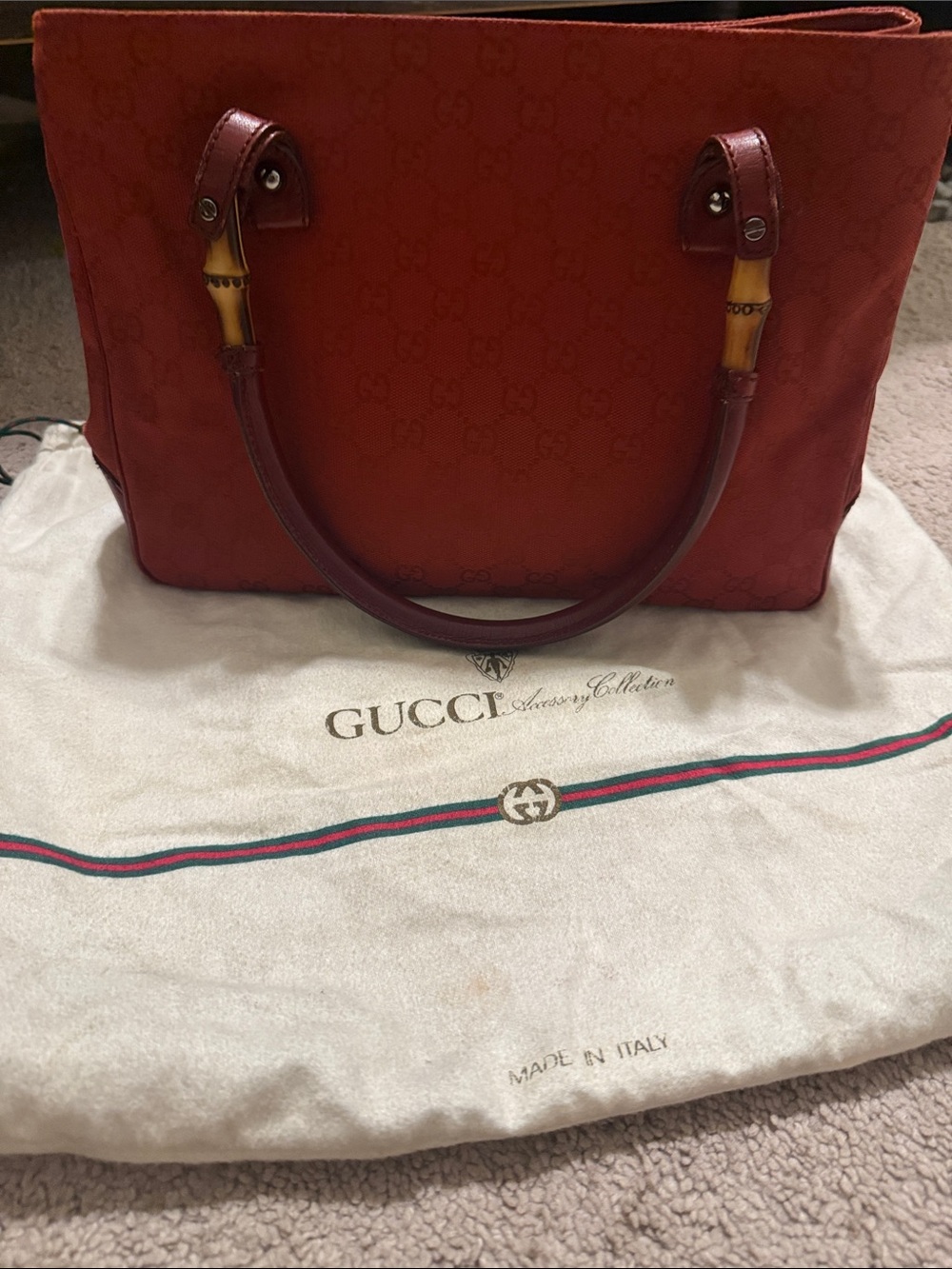 Gucci Red Bamboo-Accent Leather Tote Bag